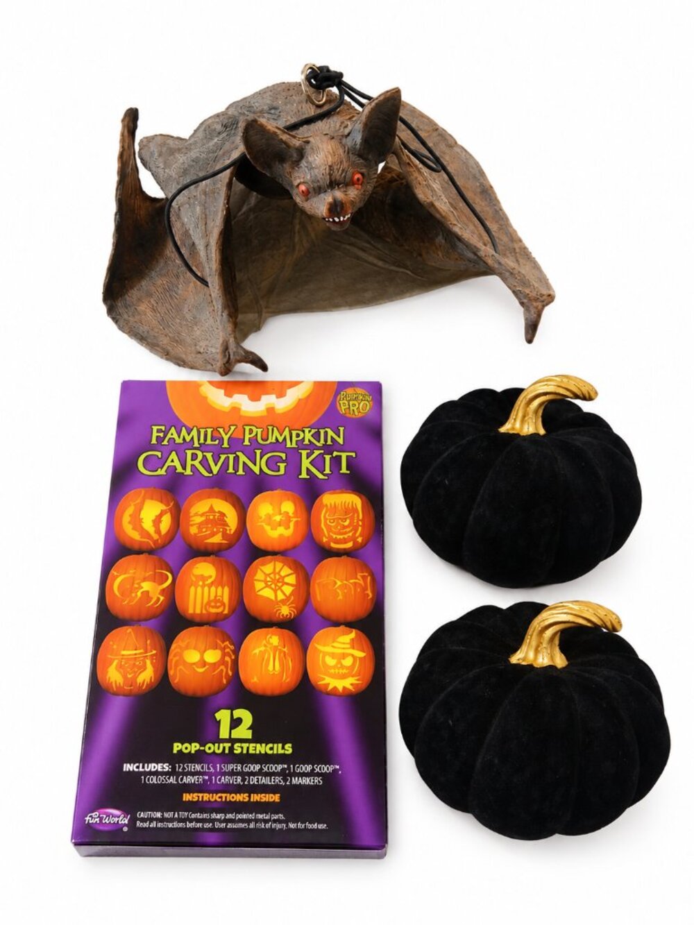 Halloween Decor Lot Poseable Hanging Bat 2 Black Pumpkins Sealed Carving Kit